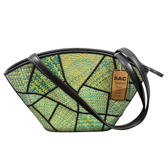 Le Sac Patchwork Woven Straw Shoulder Bag Handbag Purse Boho Retro Vintage Green - Picture 4 of 5